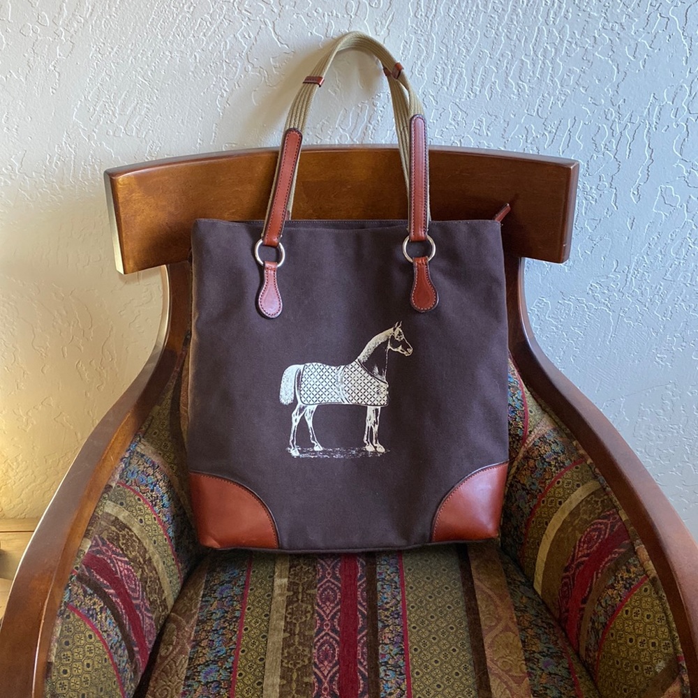 Rebecca Ray ‘Burghley Lilly’ canvas and leather equestrian tote bag.